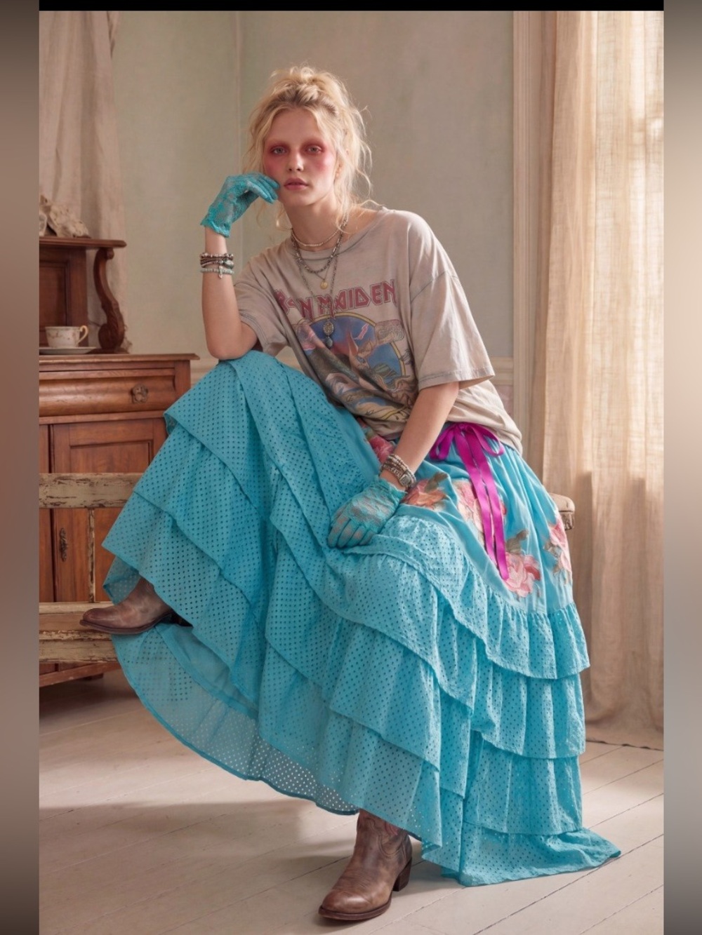 MP style Blue Floral Tiered Maxi Skirt